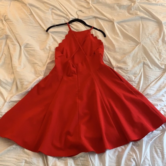 Red Scalloped Neck Flirty Dress - Picture 3 of 5